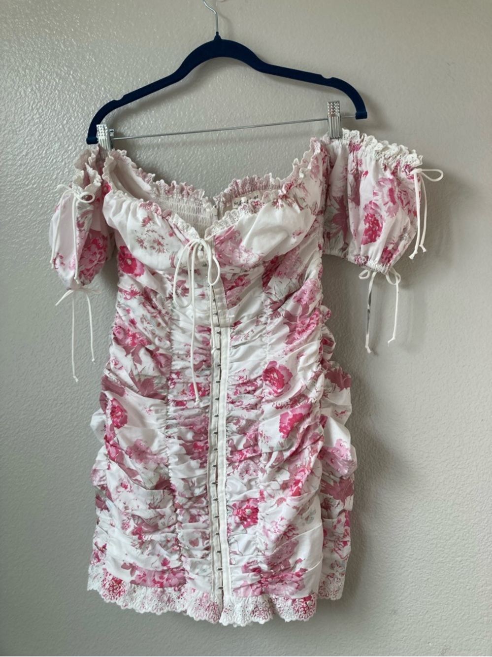 For Love & Lemons Mills Ruched Floral Mini Dress Coquette Milkmaid Corset sz L - Picture 4 of 14